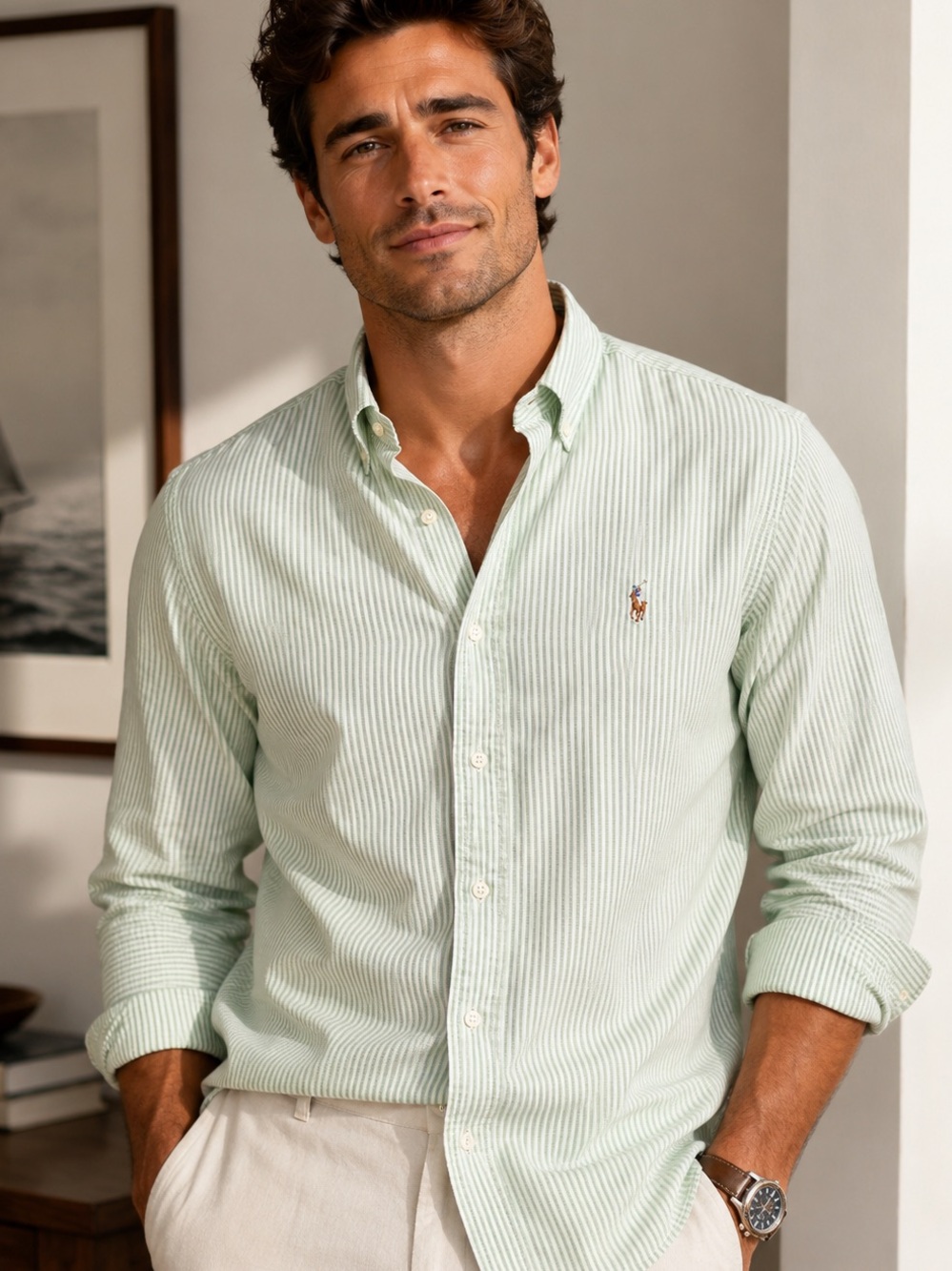 Polo Ralph Lauren Mens L Classic Fit Oxford Shirt Green White Striped Seersucker